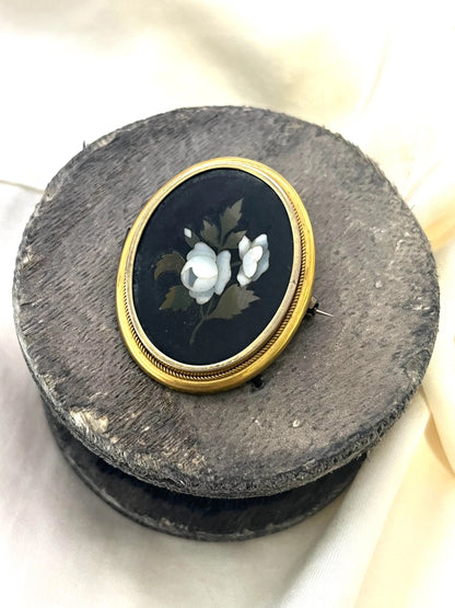 Victorian 15 Carat Gold Pietra Dura Floral Peony Mosaic Brooch, Circa 1880