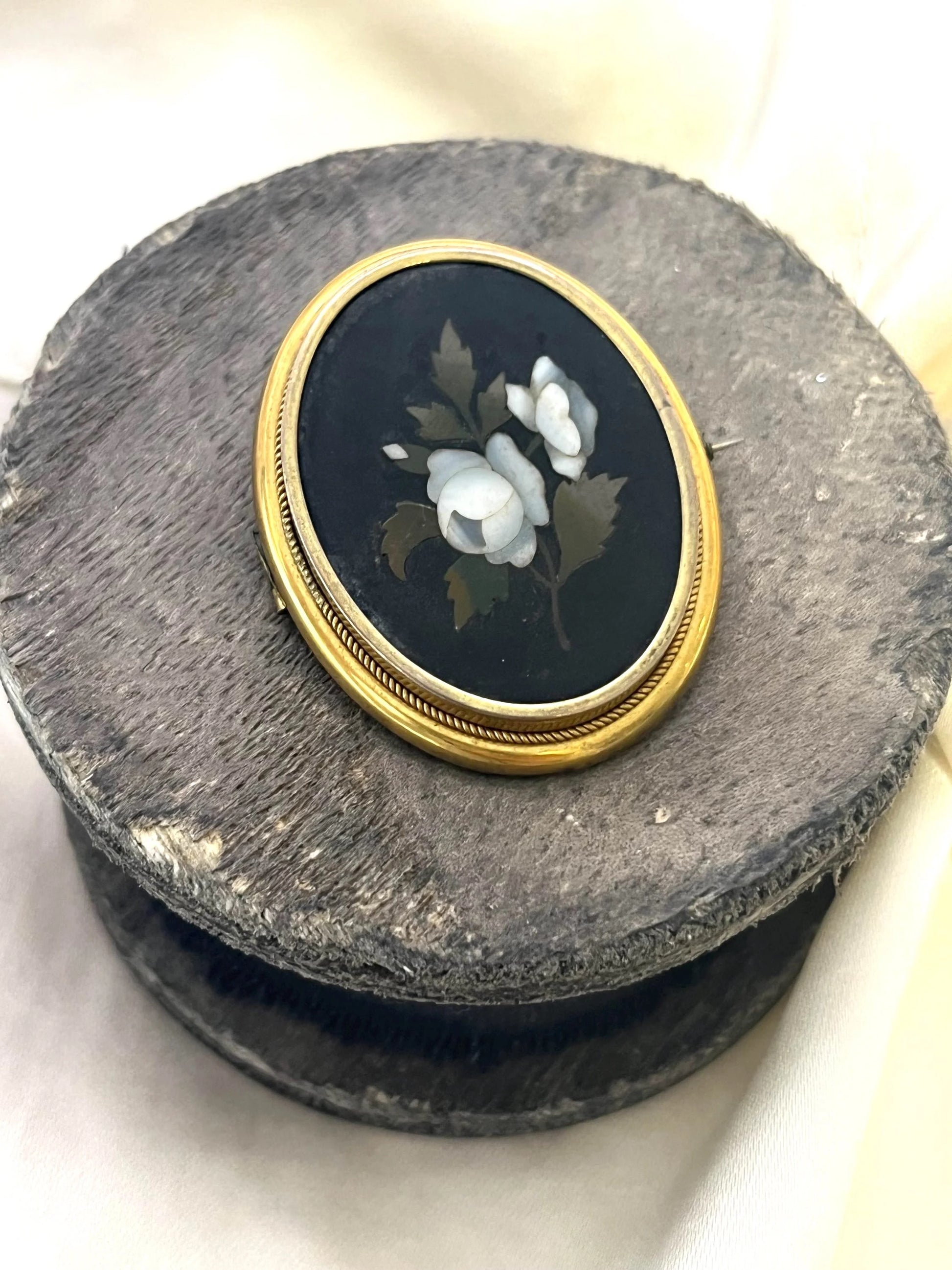 Victorian 15 Carat Gold Pietra Dura Floral Peony Mosaic Brooch, Circa 1880
