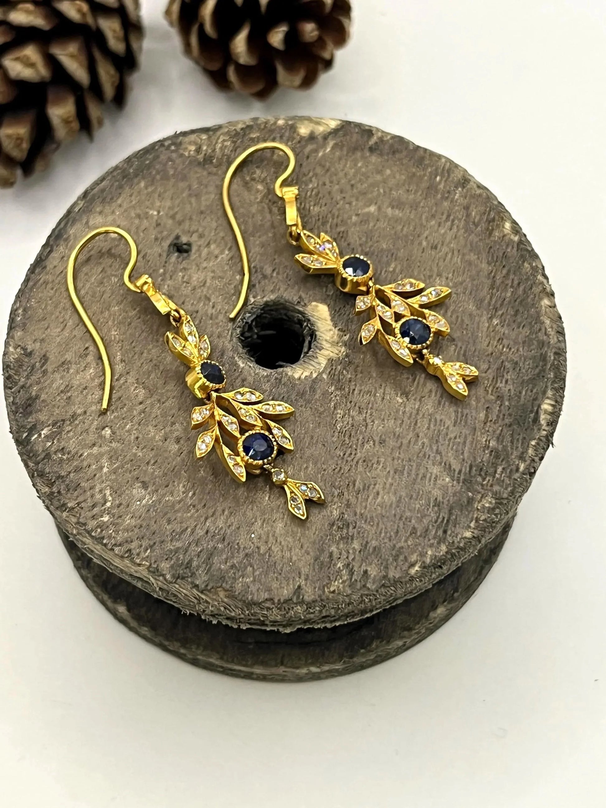 Victorian 18 Carat Yellow Gold Sapphire and Diamond Drop Earrings, Circa 1880