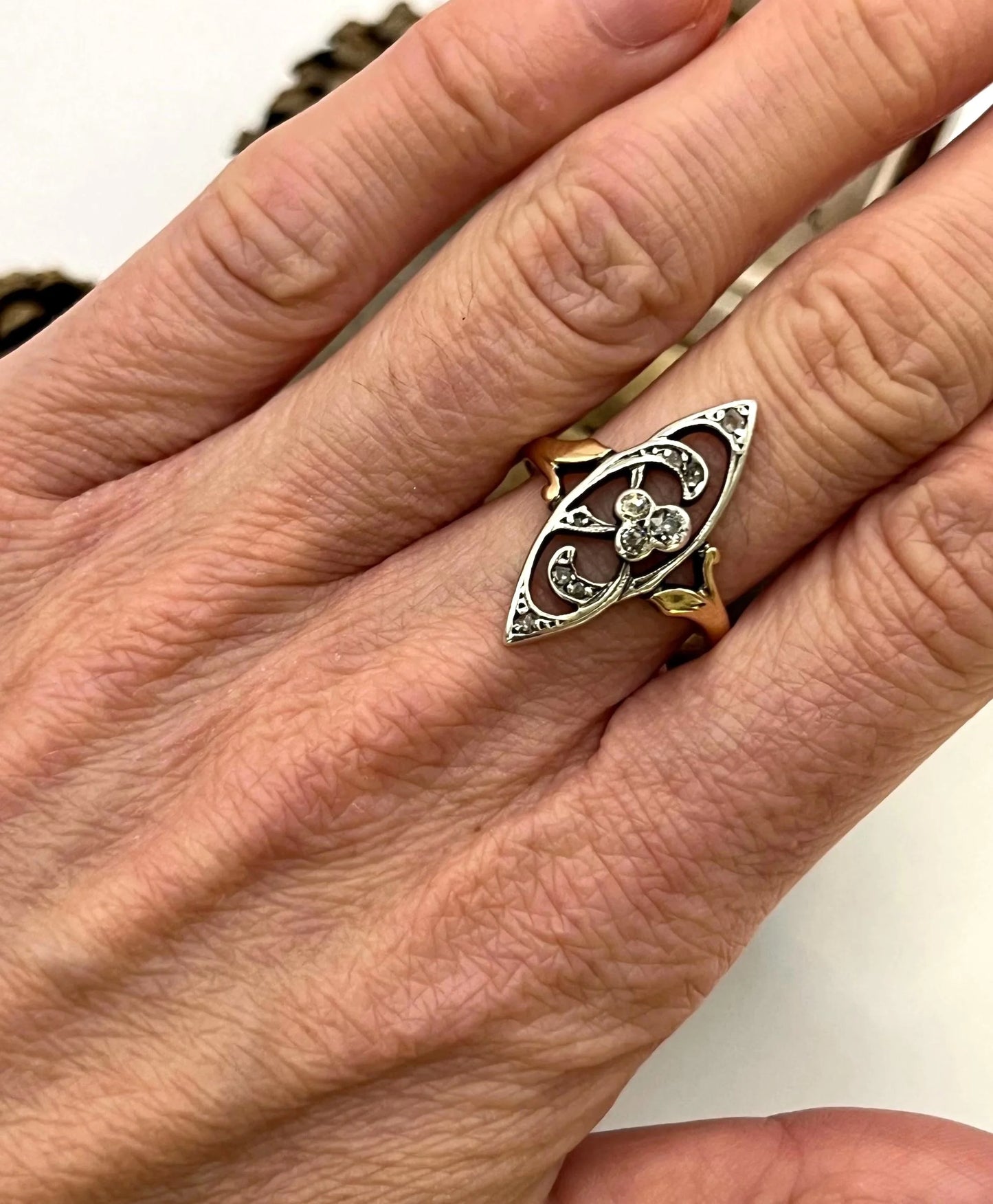 Antique 18 ct Rose Gold And Silver Diamond Set, Art Nouveau Ring