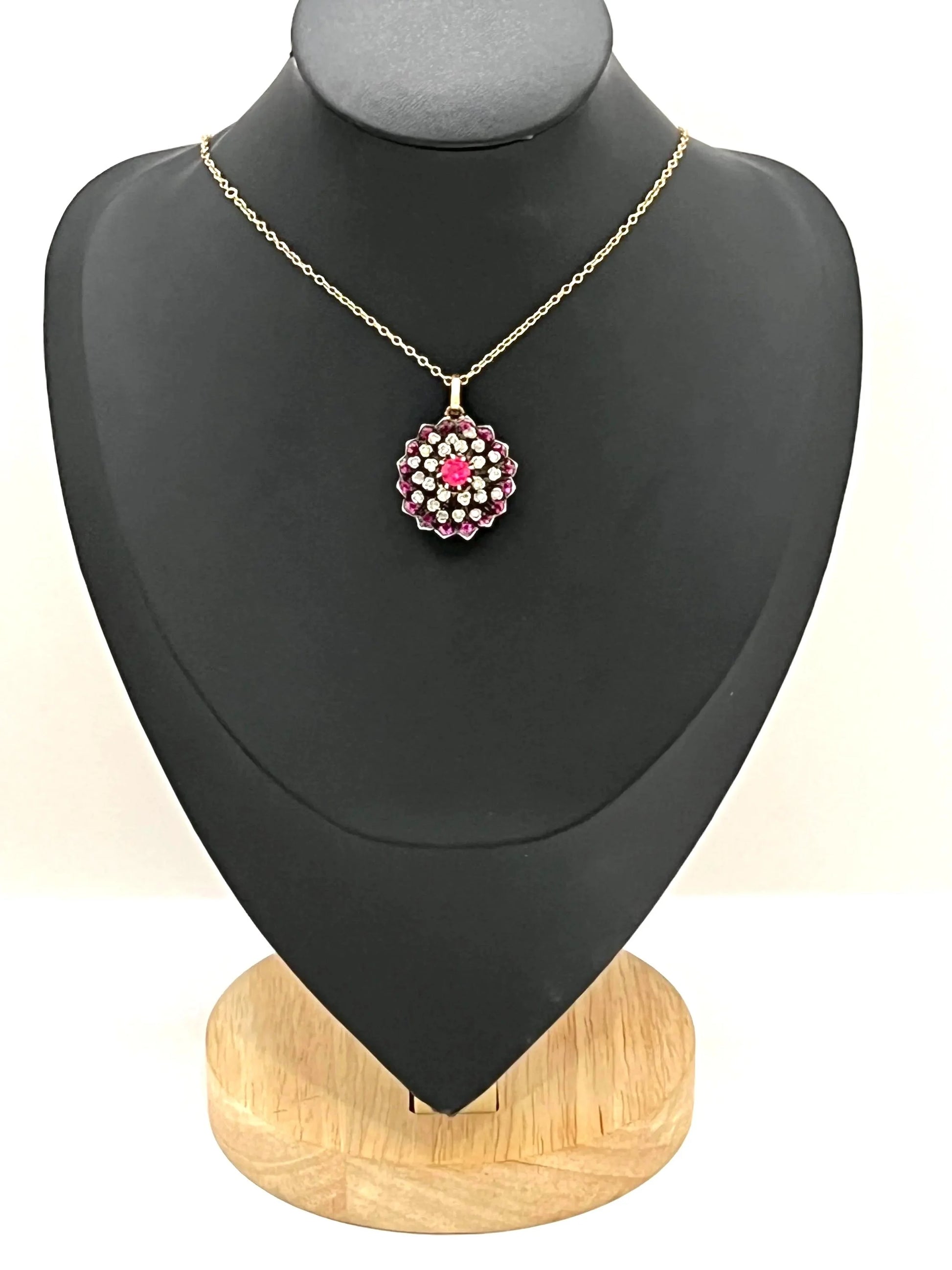 Victorian 15 Carat Gold, Silver, Synthetic Ruby and Diamond Cluster Pendant, Circa 1865