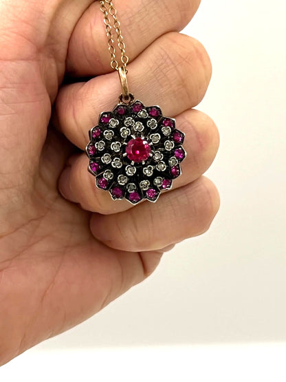 Victorian 15 Carat Gold, Silver, Synthetic Ruby and Diamond Cluster Pendant, Circa 1865