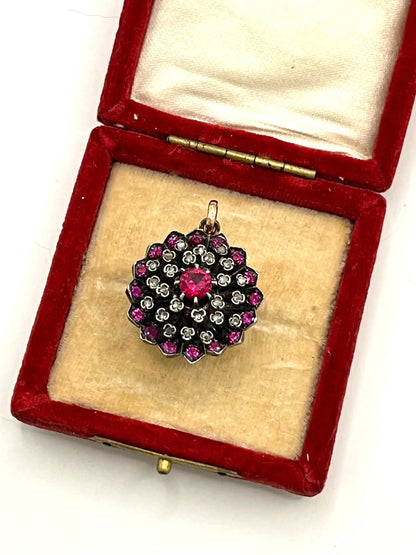 Victorian 15 Carat Gold, Silver, Synthetic Ruby and Diamond Cluster Pendant, Circa 1865