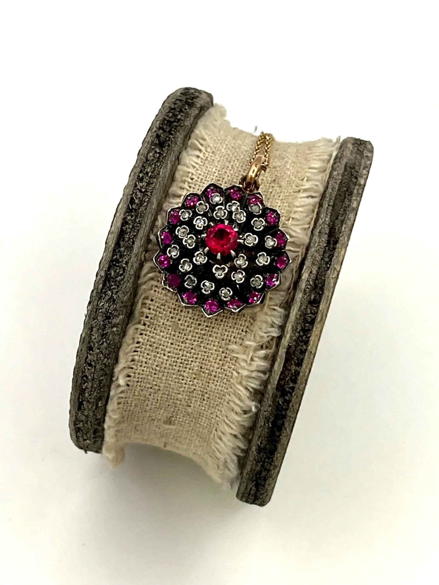 Victorian 15 Carat Gold, Silver, Synthetic Ruby and Diamond Cluster Pendant, Circa 1865
