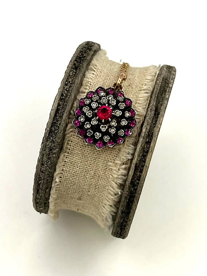Victorian 15 Carat Gold, Silver, Synthetic Ruby and Diamond Cluster Pendant, Circa 1865