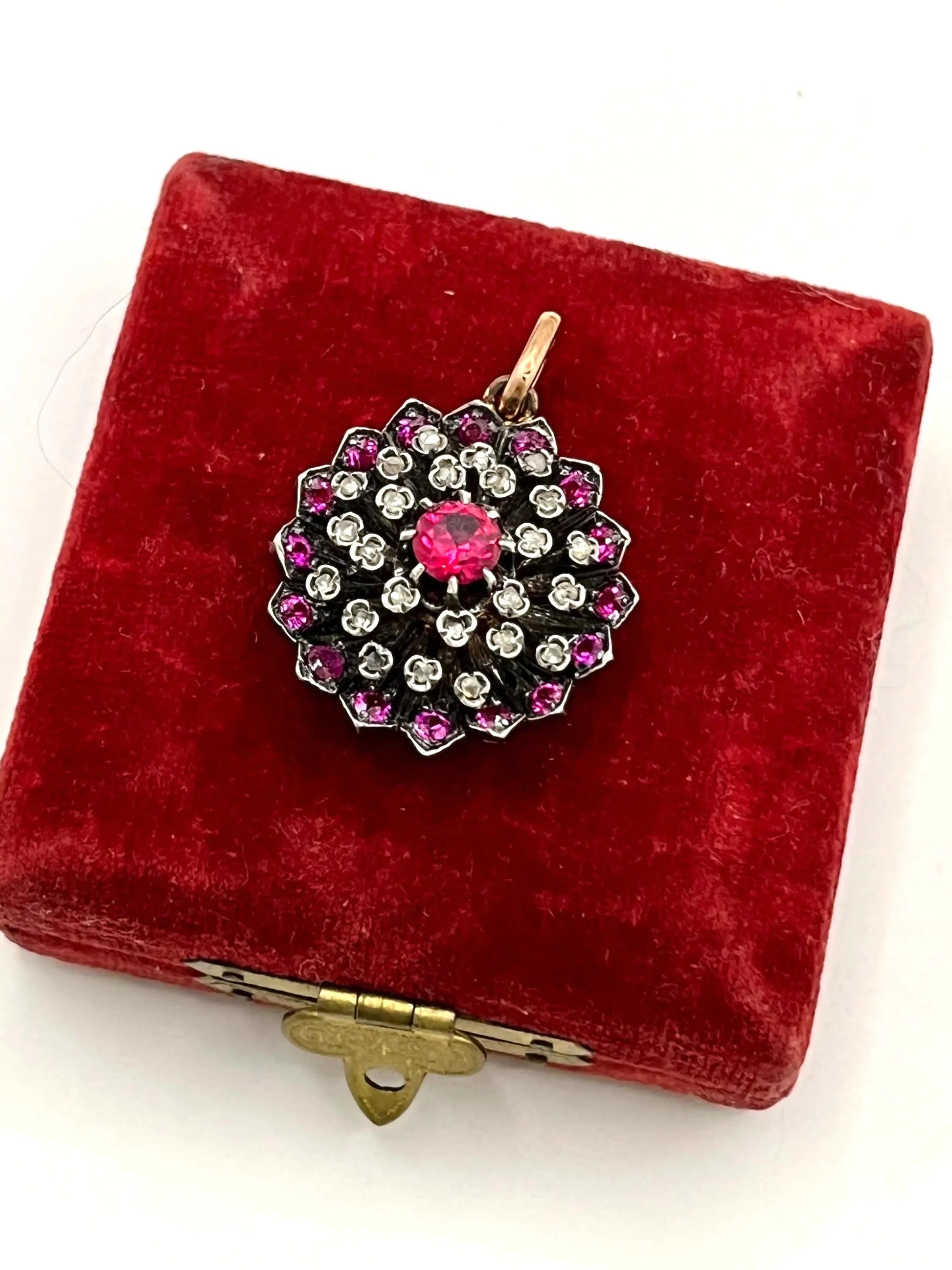 Victorian 15 Carat Gold, Silver, Synthetic Ruby and Diamond Cluster Pendant, Circa 1865