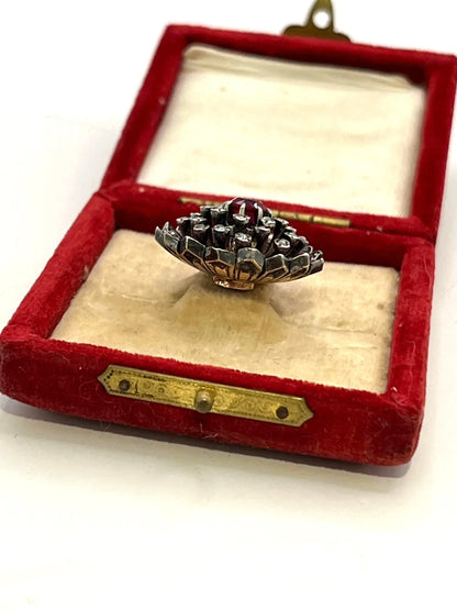 Victorian 15 Carat Gold, Silver, Synthetic Ruby and Diamond Cluster Pendant, Circa 1865