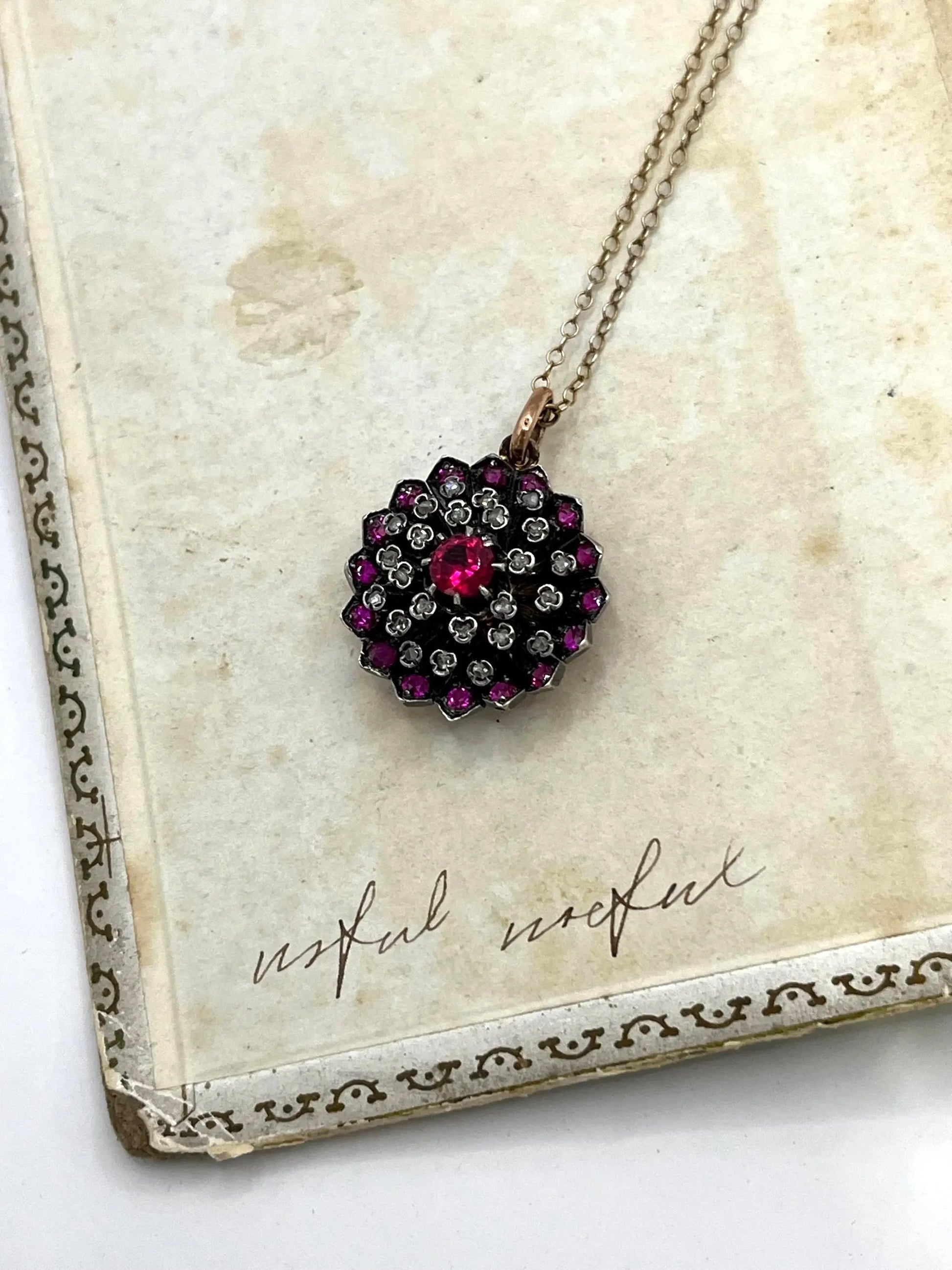Victorian 15 Carat Gold, Silver, Synthetic Ruby and Diamond Cluster Pendant, Circa 1865