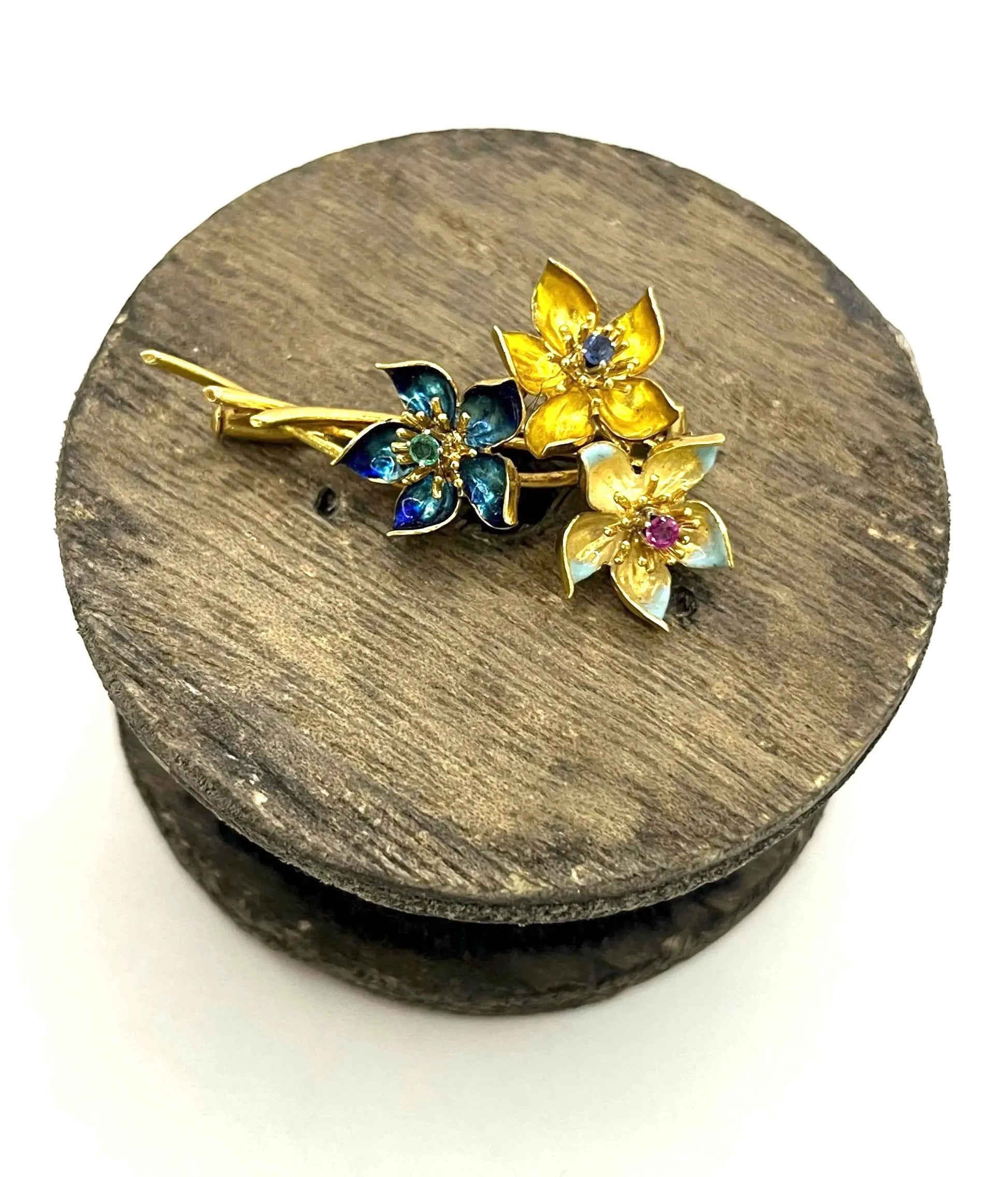 Vintage 18 Carat Gold Emerald, Sapphire, Ruby and Enamel Flower Brooch, Circa 1960