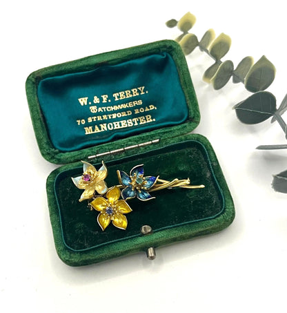 Vintage 18 Carat Gold Emerald, Sapphire, Ruby and Enamel Flower Brooch, Circa 1960