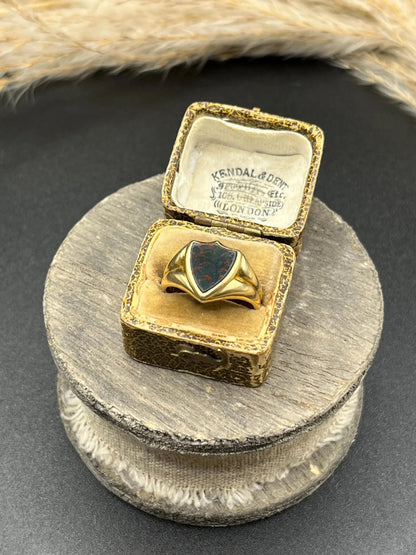 Art Deco 18 Carat Yellow Gold Bloodstone Shield Signet Ring, Circa 1920