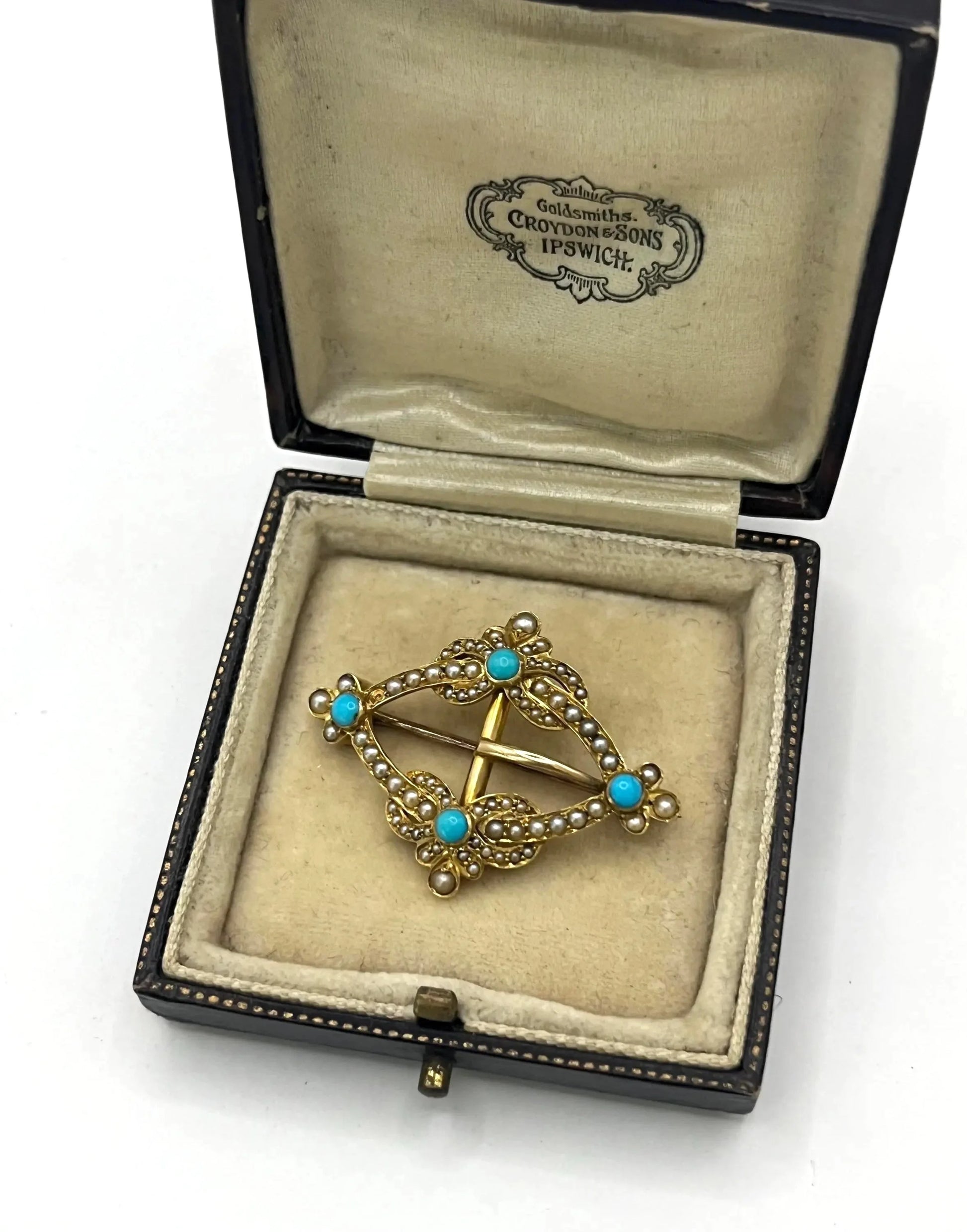 Edwardian 15 Carat Gold Turquoise and Pearl Buckle Brooch, Circa 1900