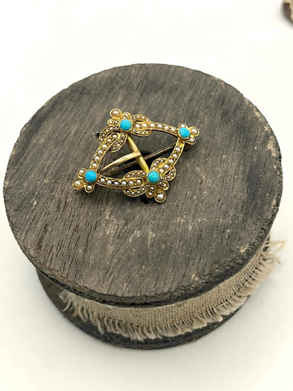 Edwardian 15 Carat Gold Turquoise and Pearl Buckle Brooch, Circa 1900