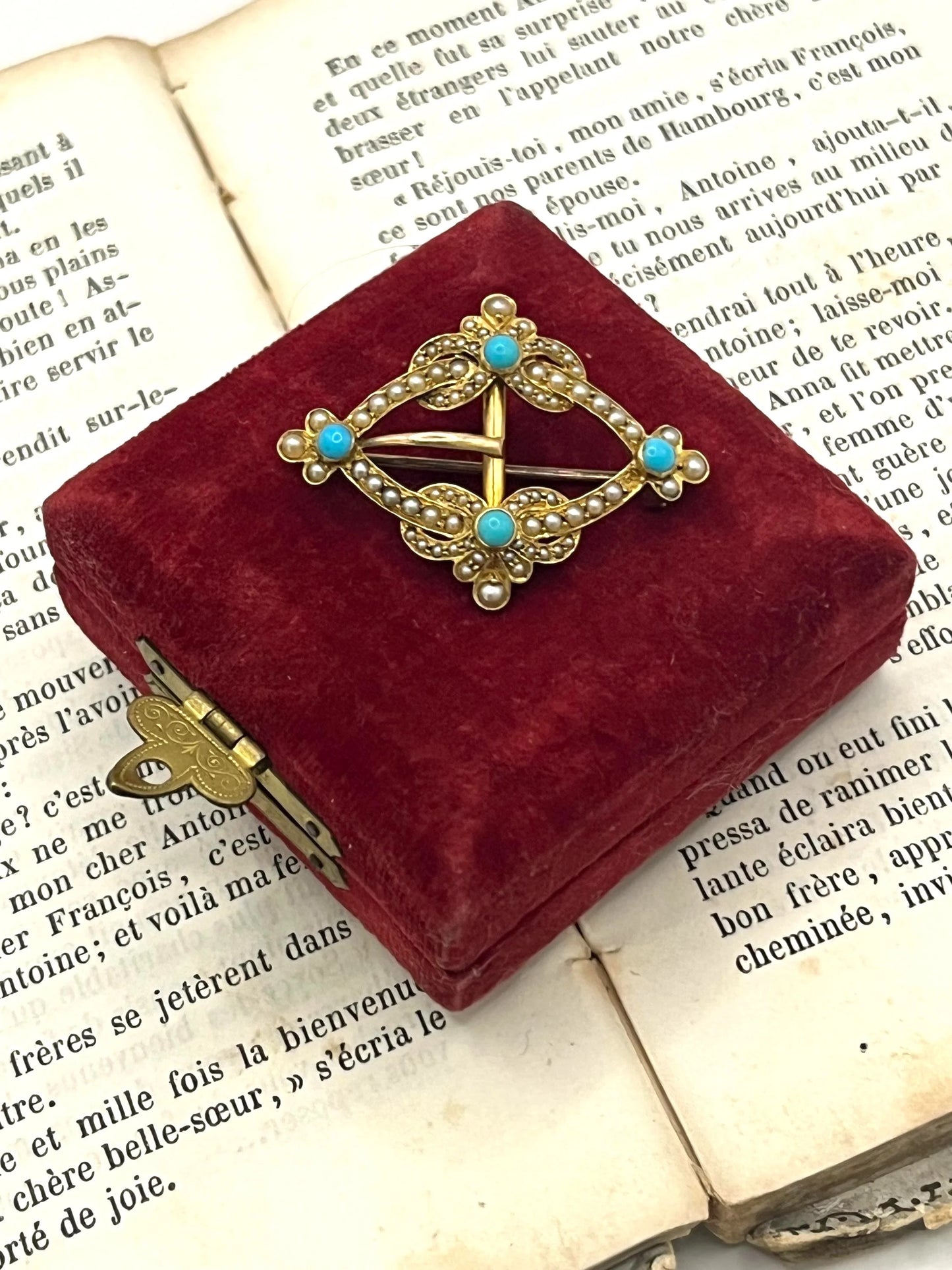 Edwardian 15 Carat Gold Turquoise and Pearl Buckle Brooch, Circa 1900