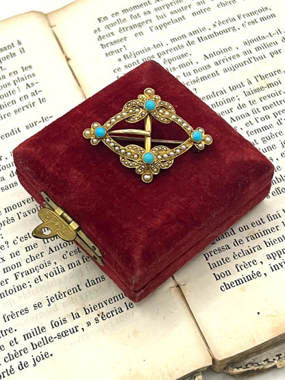Edwardian 15 Carat Gold Turquoise and Pearl Buckle Brooch, Circa 1900