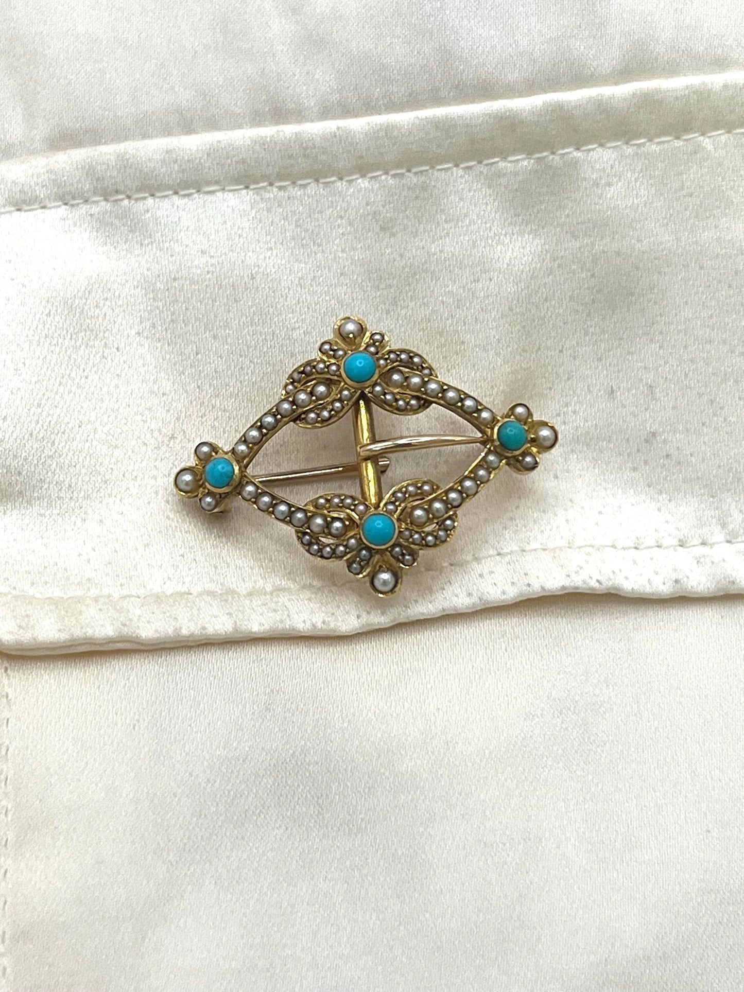 Edwardian 15 Carat Gold Turquoise and Pearl Buckle Brooch, Circa 1900