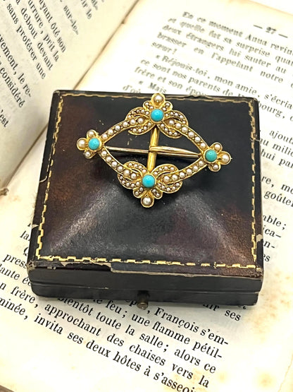 Edwardian 15 Carat Gold Turquoise and Pearl Buckle Brooch, Circa 1900
