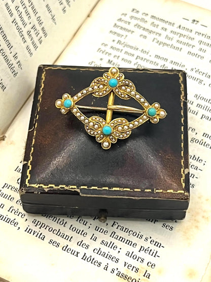 A yellow gold buckle style brooch/pendant with turquoise and seed pearls
