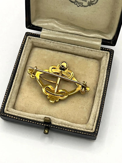A yellow gold buckle style brooch/pendant with turquoise and seed pearls