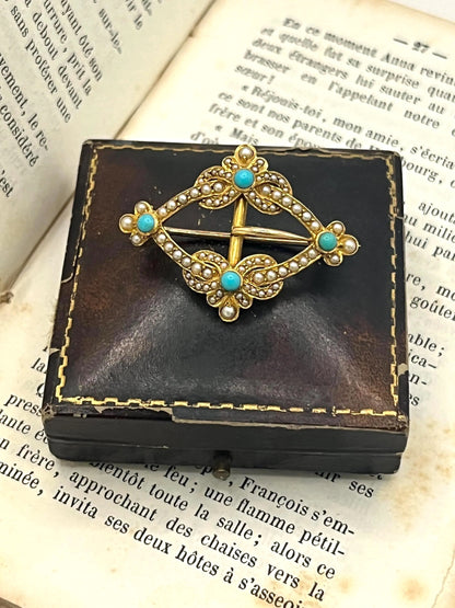 A yellow gold buckle style brooch/pendant with turquoise and seed pearls