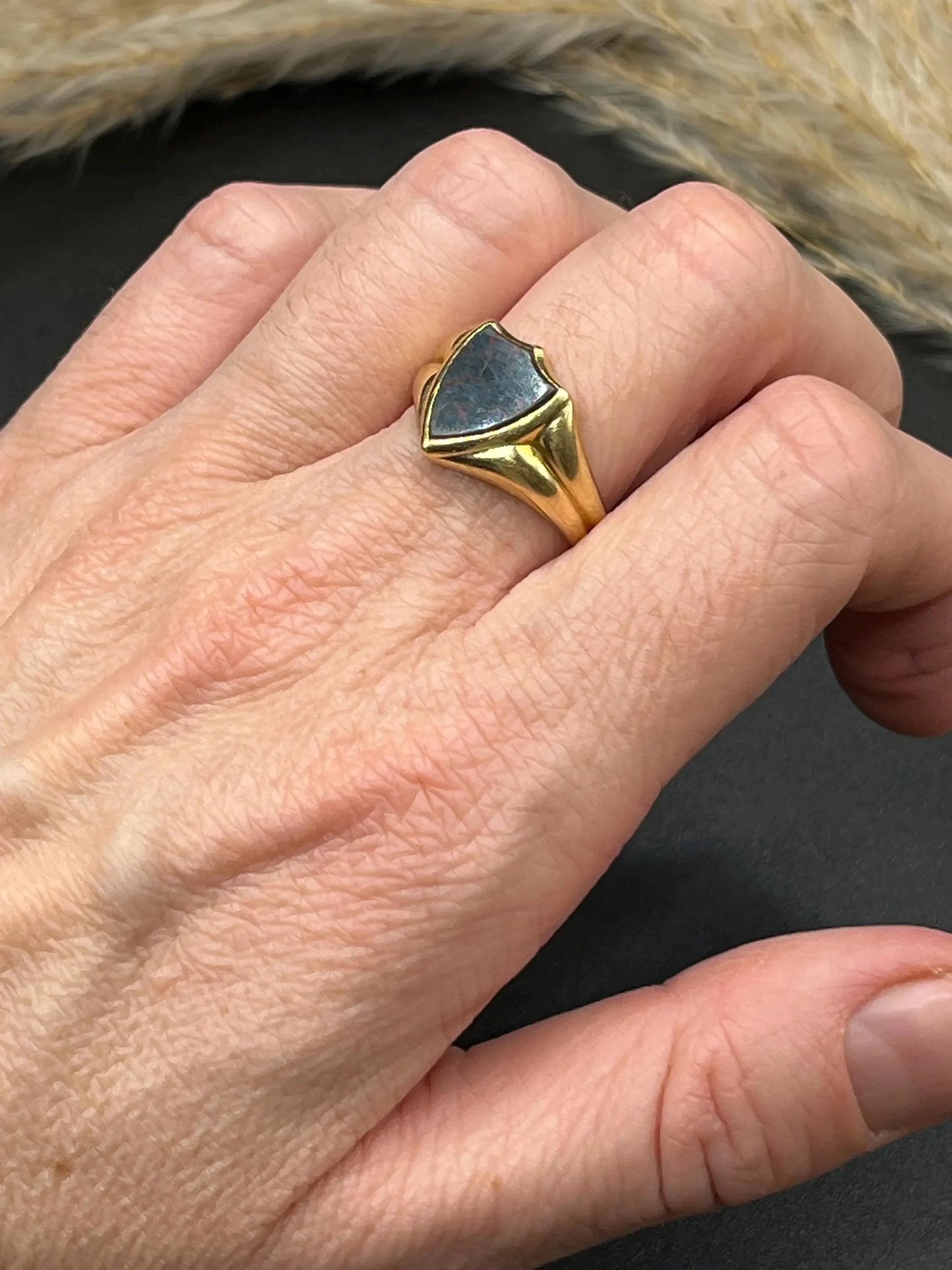 Art Deco 18 Carat Yellow Gold Bloodstone Shield Signet Ring, Circa 1920