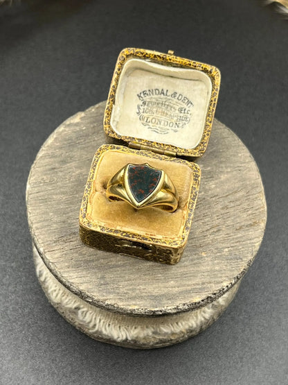 Art Deco 18 Carat Yellow Gold Bloodstone Shield Signet Ring, Circa 1920