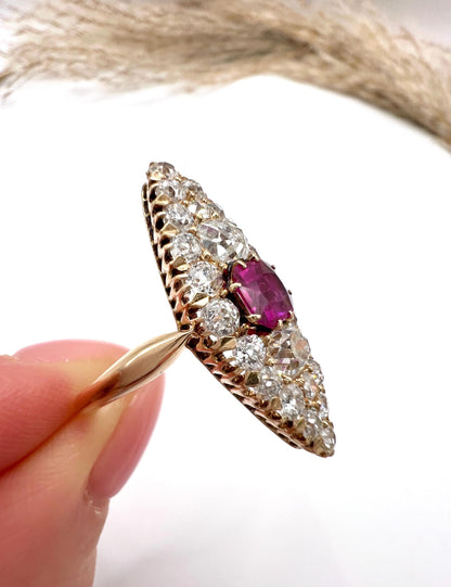 Antique 18ct Gold, Victorian Ruby & Diamond Marquise/Navette Shaped Ring