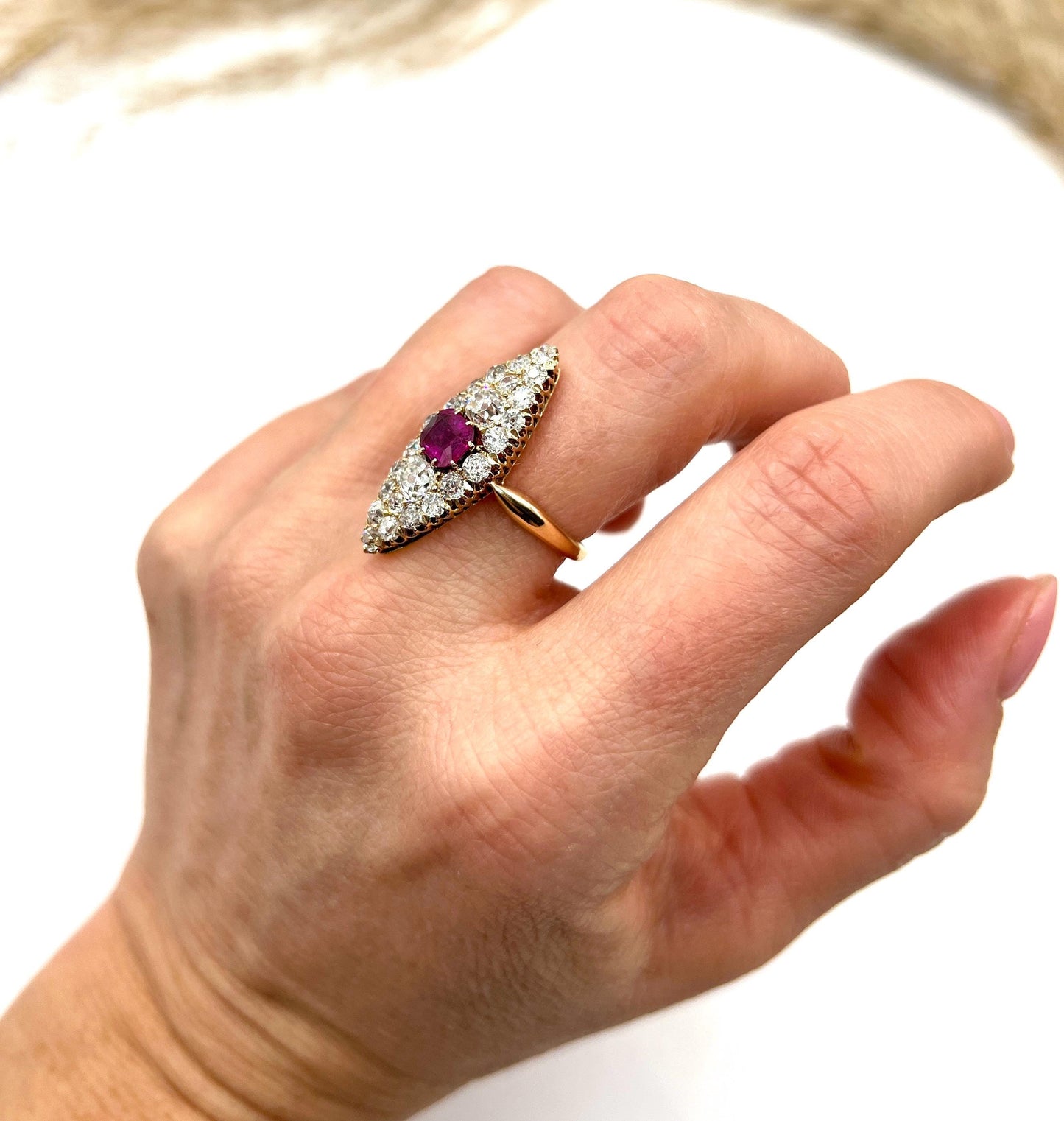 Antique 18ct Gold, Victorian Ruby & Diamond Marquise/Navette Shaped Ring