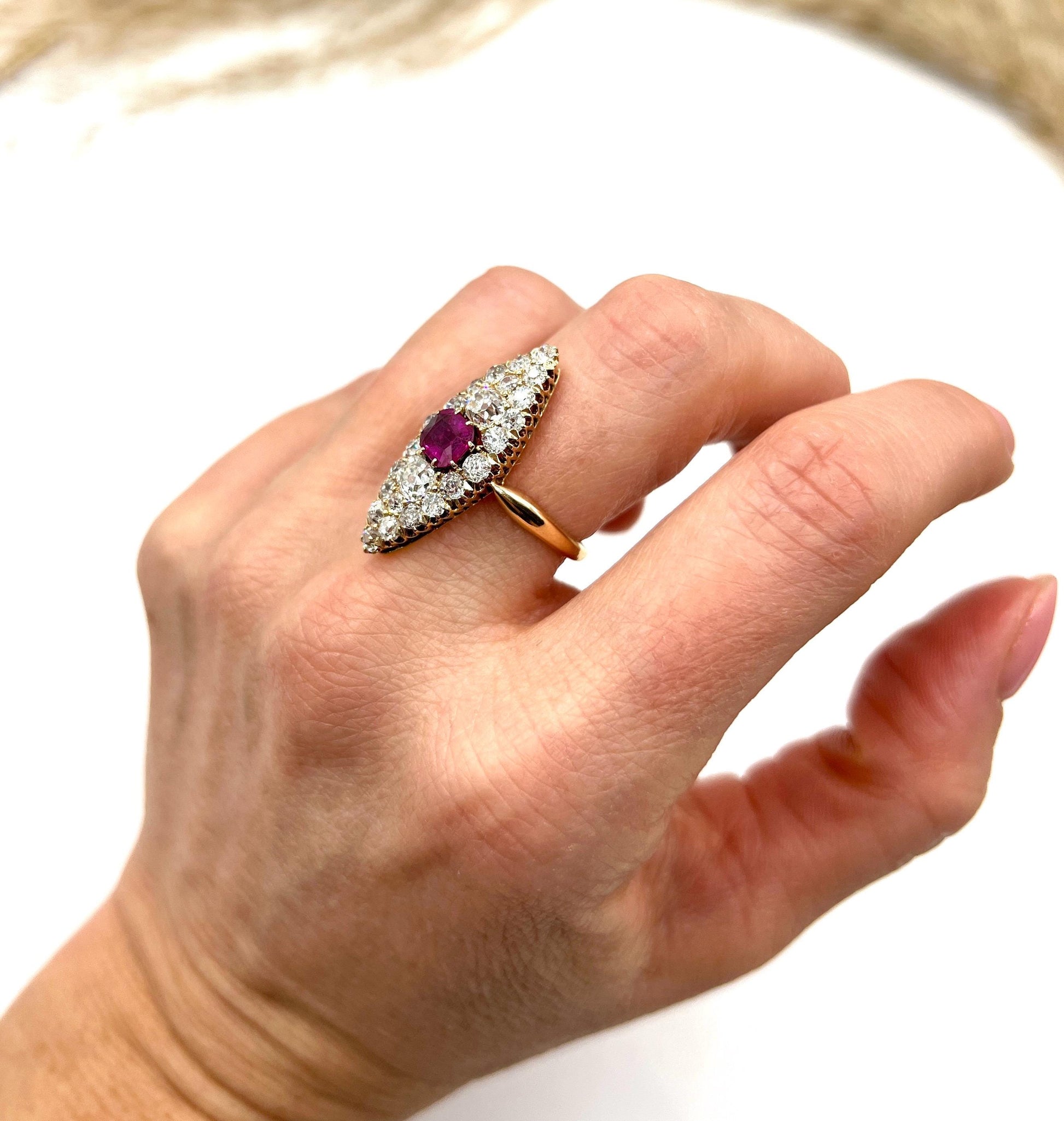 Antique 18ct Gold, Victorian Ruby & Diamond Marquise/Navette Shaped Ring