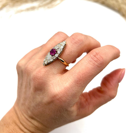 Antique 18ct Gold, Victorian Ruby & Diamond Marquise/Navette Shaped Ring