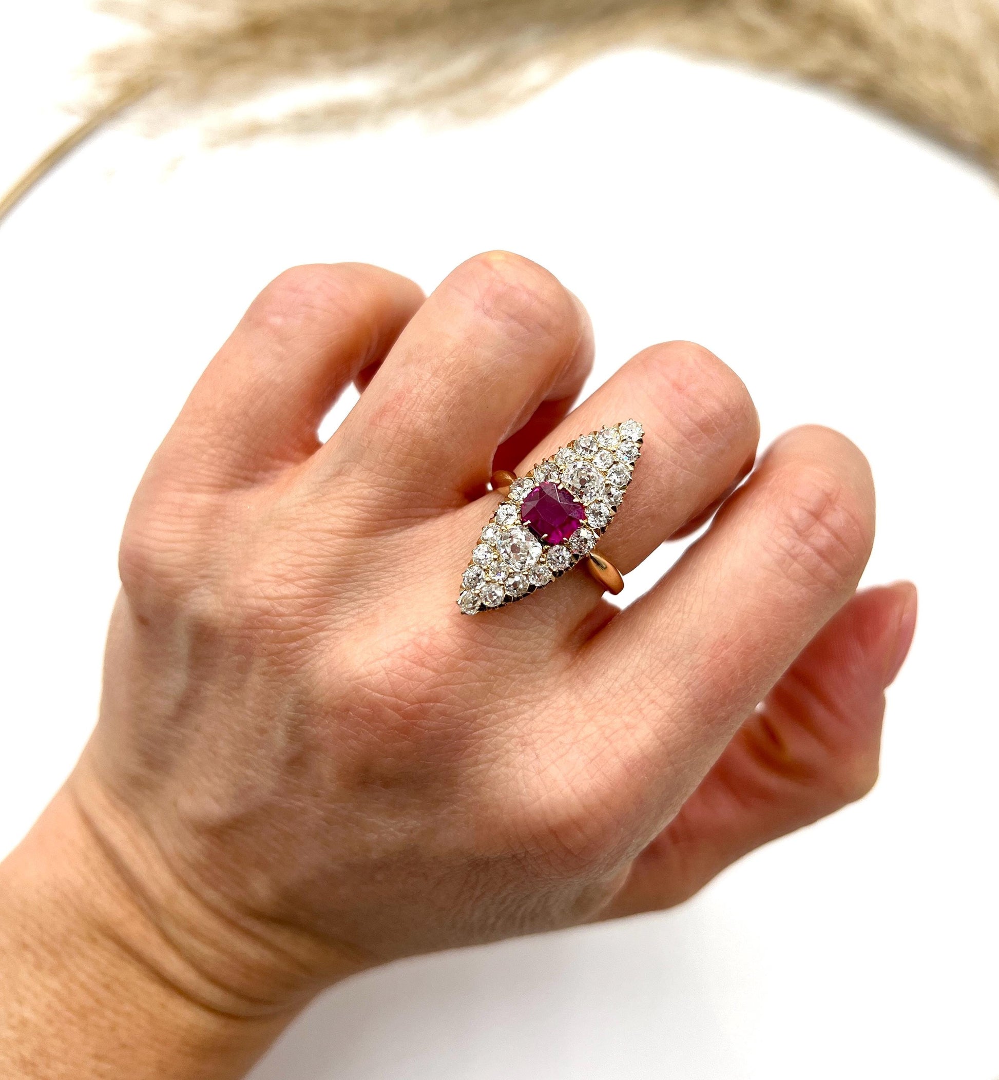 Antique 18ct Gold, Victorian Ruby & Diamond Marquise/Navette Shaped Ring