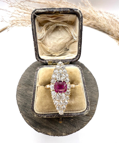 Antique 18ct Gold, Victorian Ruby & Diamond Marquise/Navette Shaped Ring