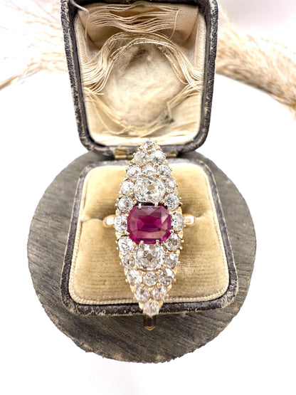 Antique 18ct Gold, Victorian Ruby & Diamond Marquise/Navette Shaped Ring