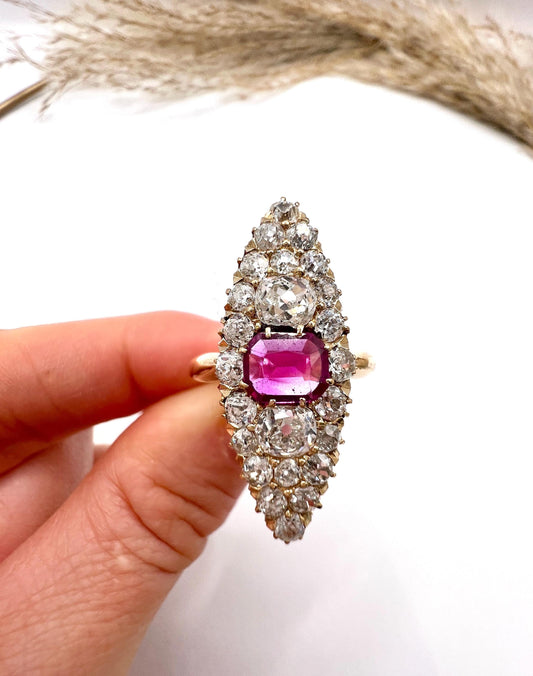 Antique 18ct Gold, Victorian Ruby & Diamond Marquise/Navette Shaped Ring