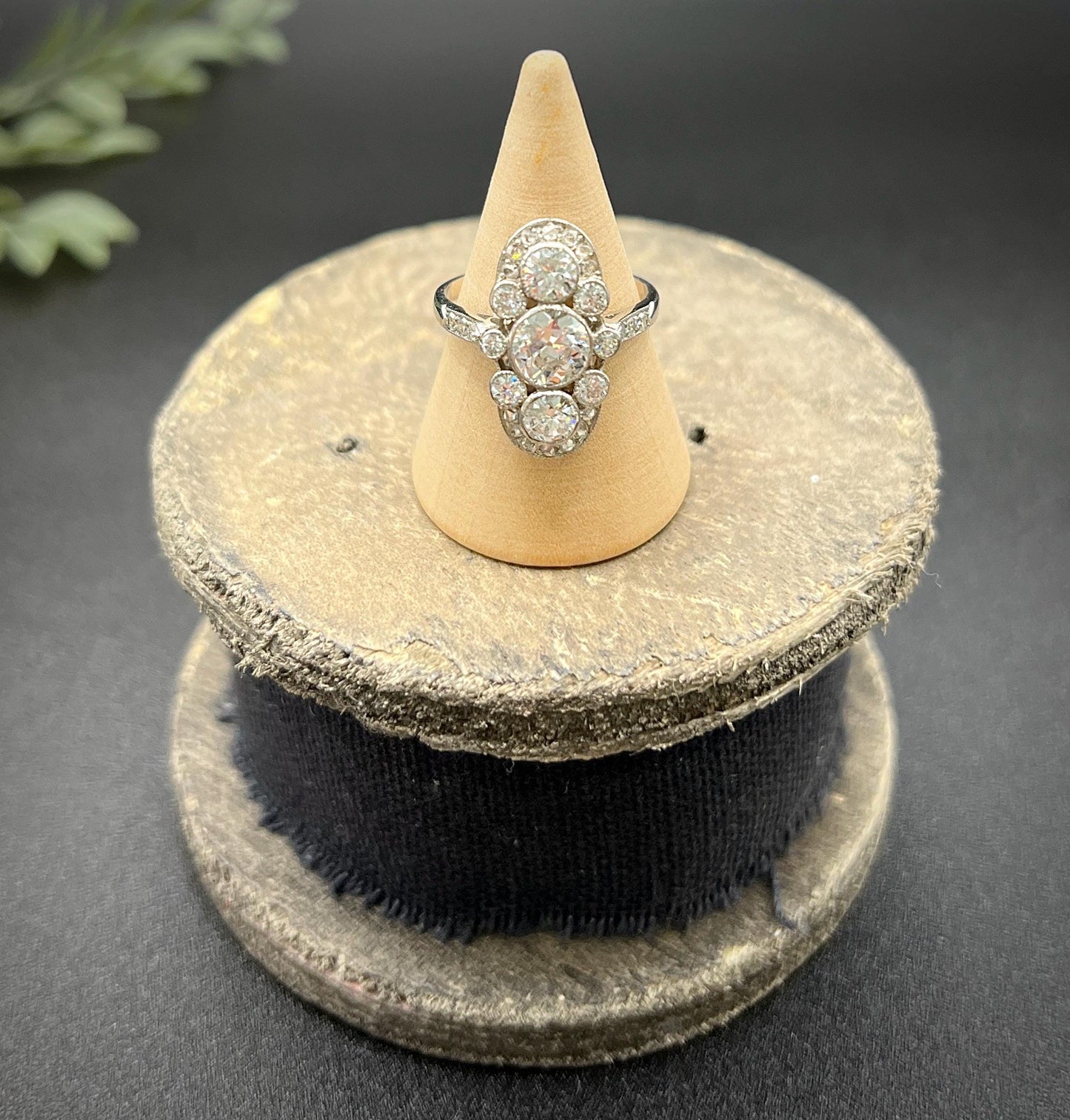 Edwardian 2cts Old Cut Diamond Trilogy Cluster Plaque Ring in Platinum