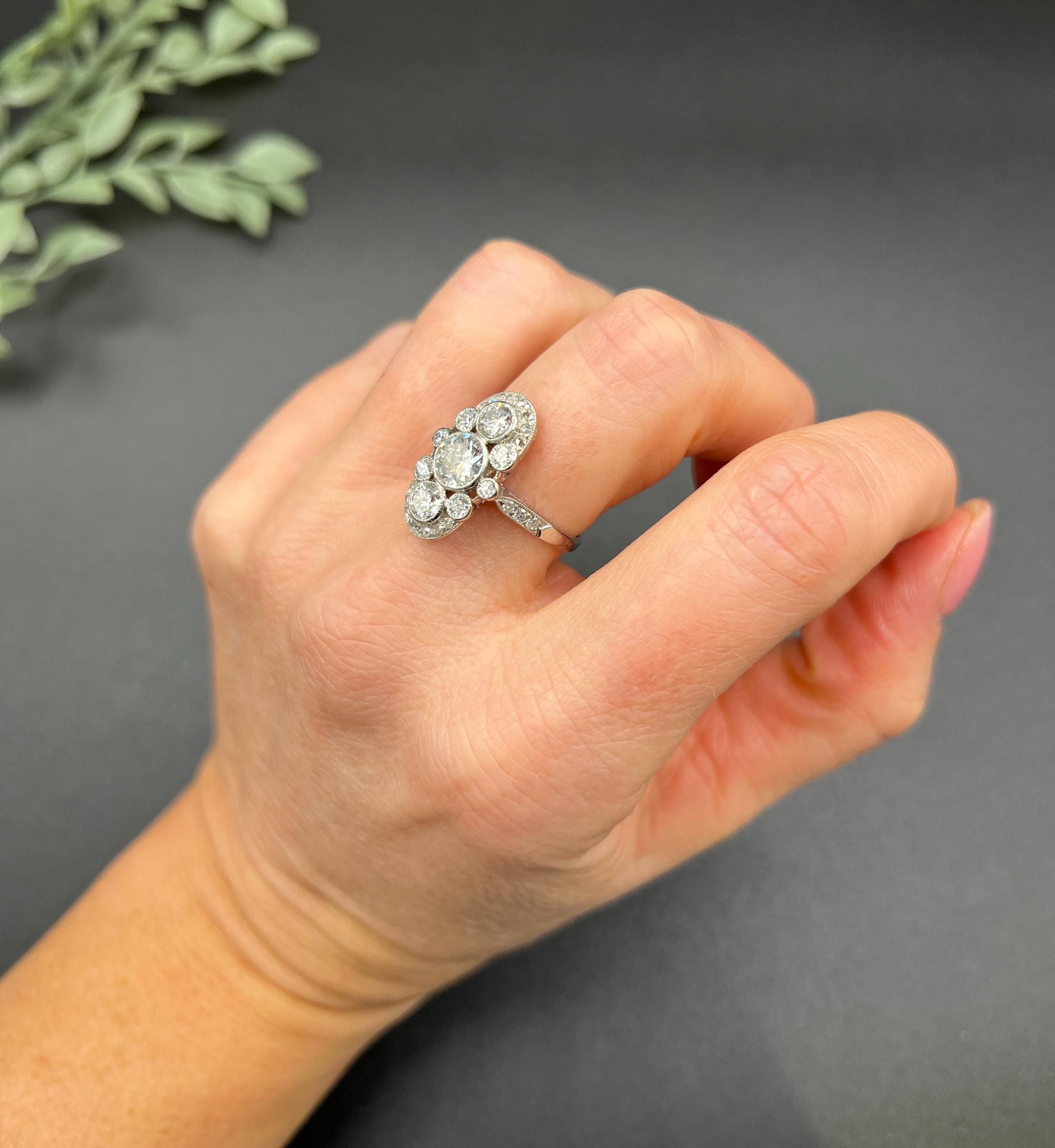 Edwardian 2cts Old Cut Diamond Trilogy Cluster Plaque Ring in Platinum