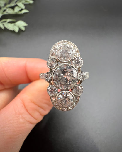 Edwardian 2cts Old Cut Diamond Trilogy Cluster Plaque Ring in Platinum