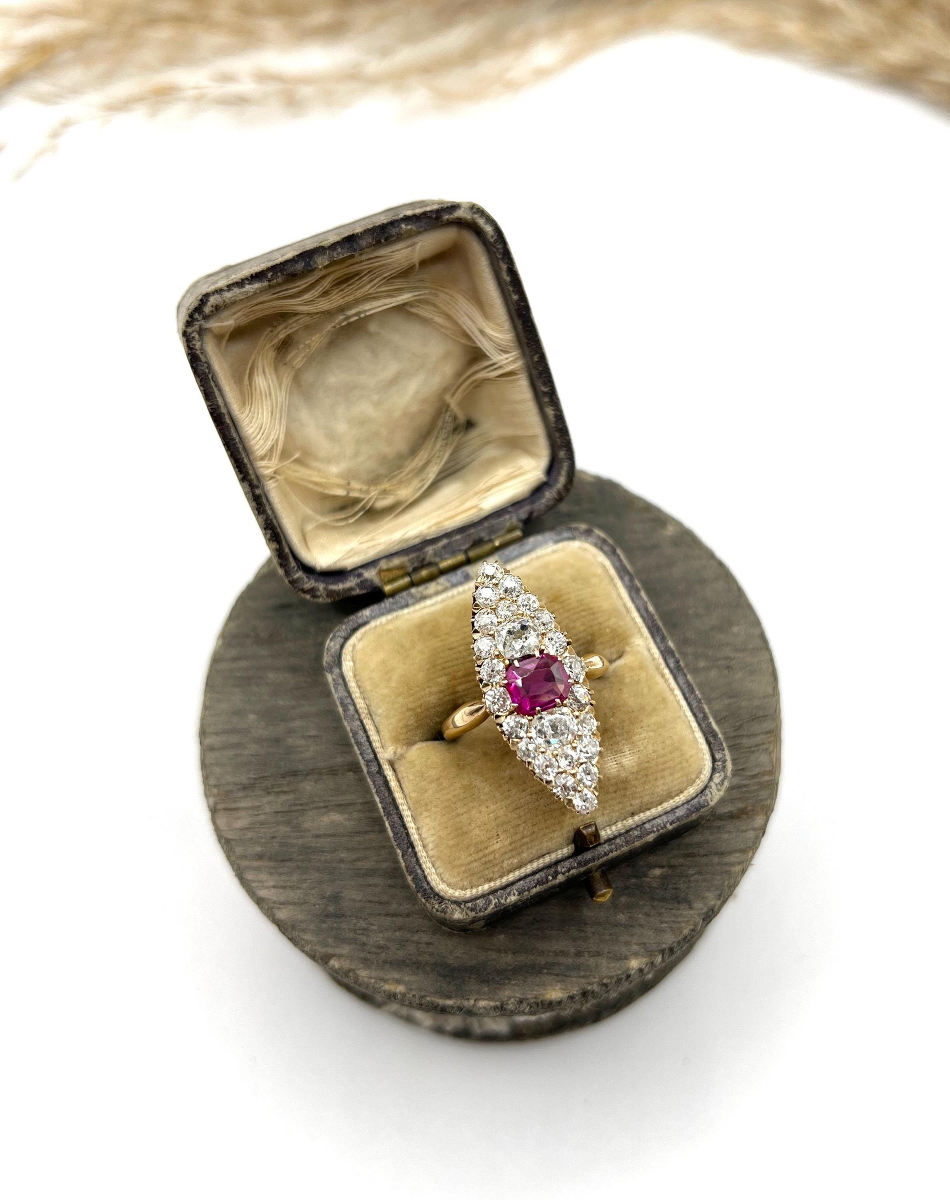 Antique 18ct Gold, Victorian Ruby & Diamond Marquise/Navette Shaped Ring