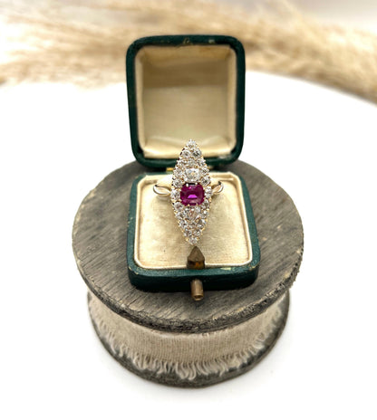 Antique 18ct Gold, Victorian Ruby & Diamond Marquise/Navette Shaped Ring
