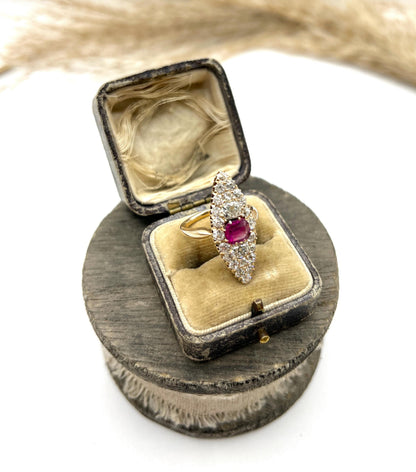 Antique 18ct Gold, Victorian Ruby & Diamond Marquise/Navette Shaped Ring