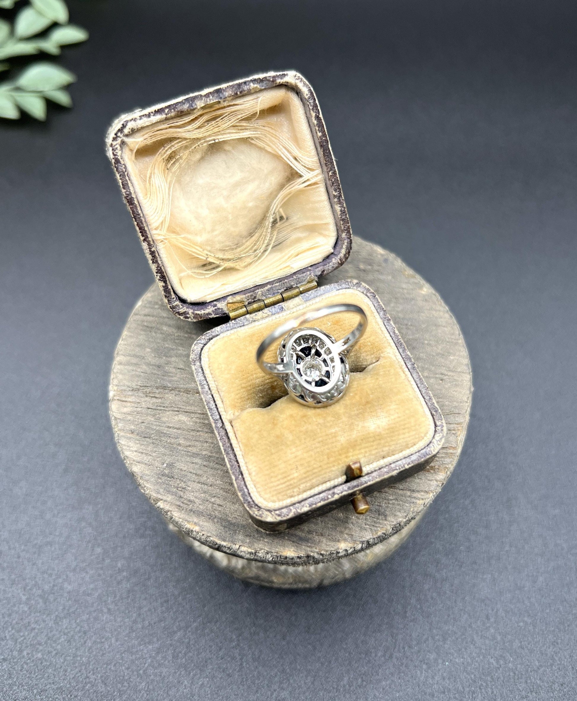 Antique Platinum, Edwardian era Sapphire & Diamond Oval Halo Cluster ring