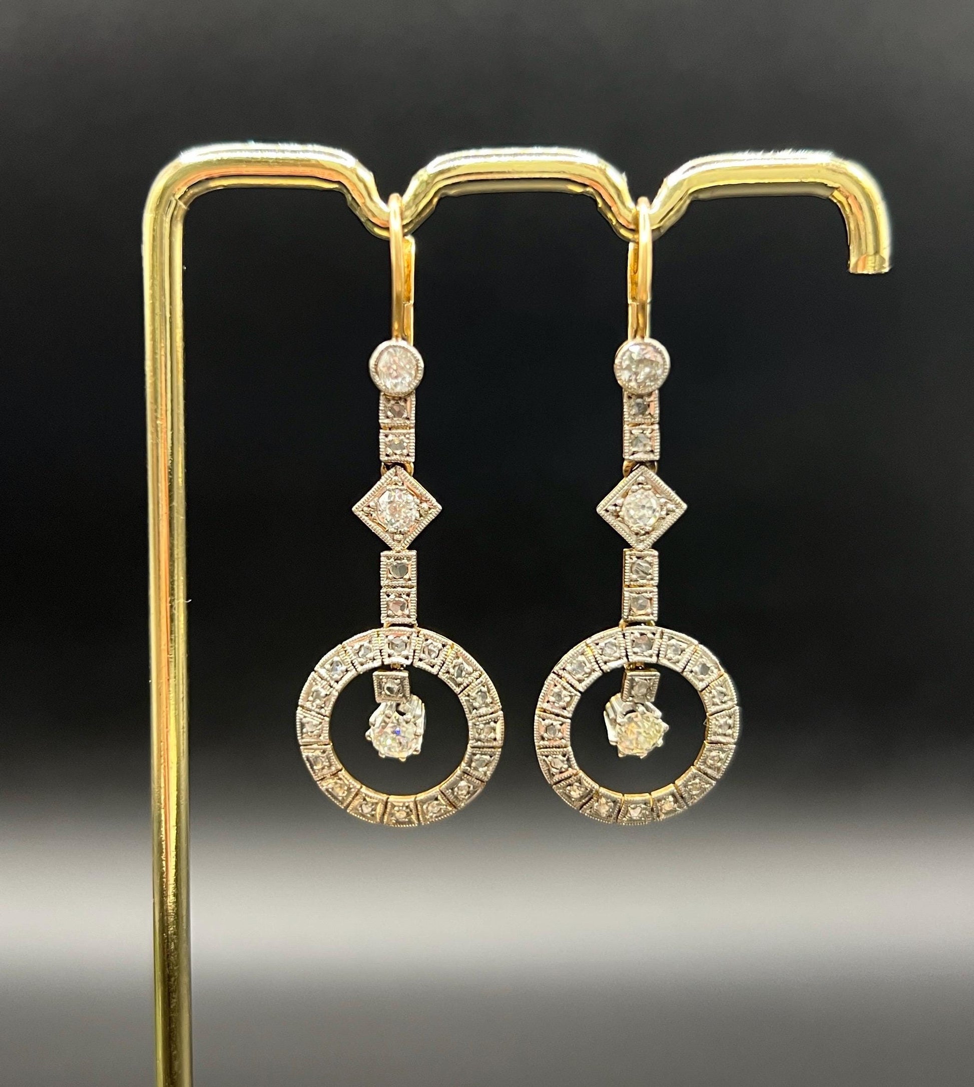 Antique 18ct Gold & Platinum, Edwardian era Diamond Drop Earrings