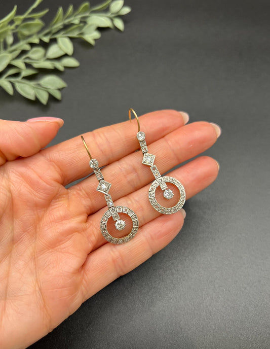 Antique 18ct Gold & Platinum, Edwardian era Diamond Drop Earrings