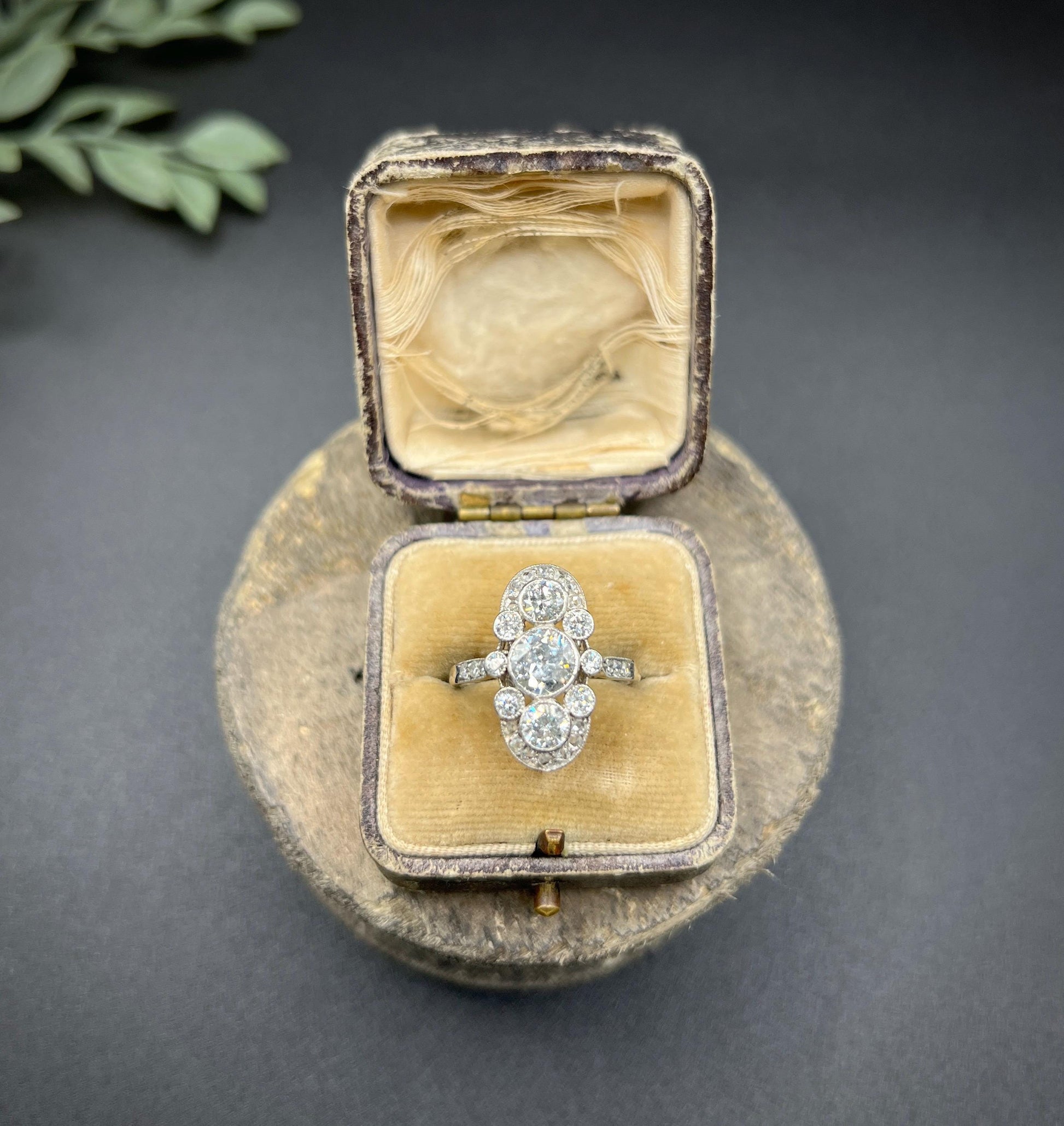 Edwardian 2cts Old Cut Diamond Trilogy Cluster Plaque Ring in Platinum