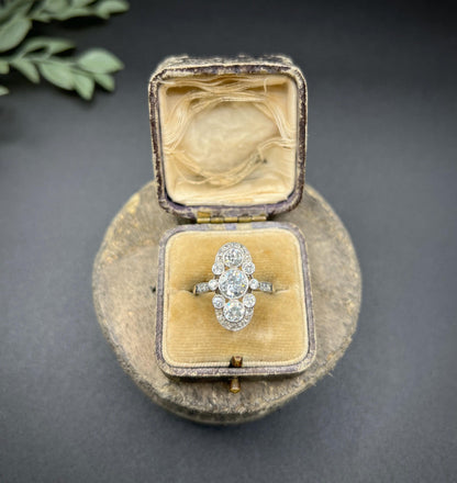 Edwardian 2cts Old Cut Diamond Trilogy Cluster Plaque Ring in Platinum