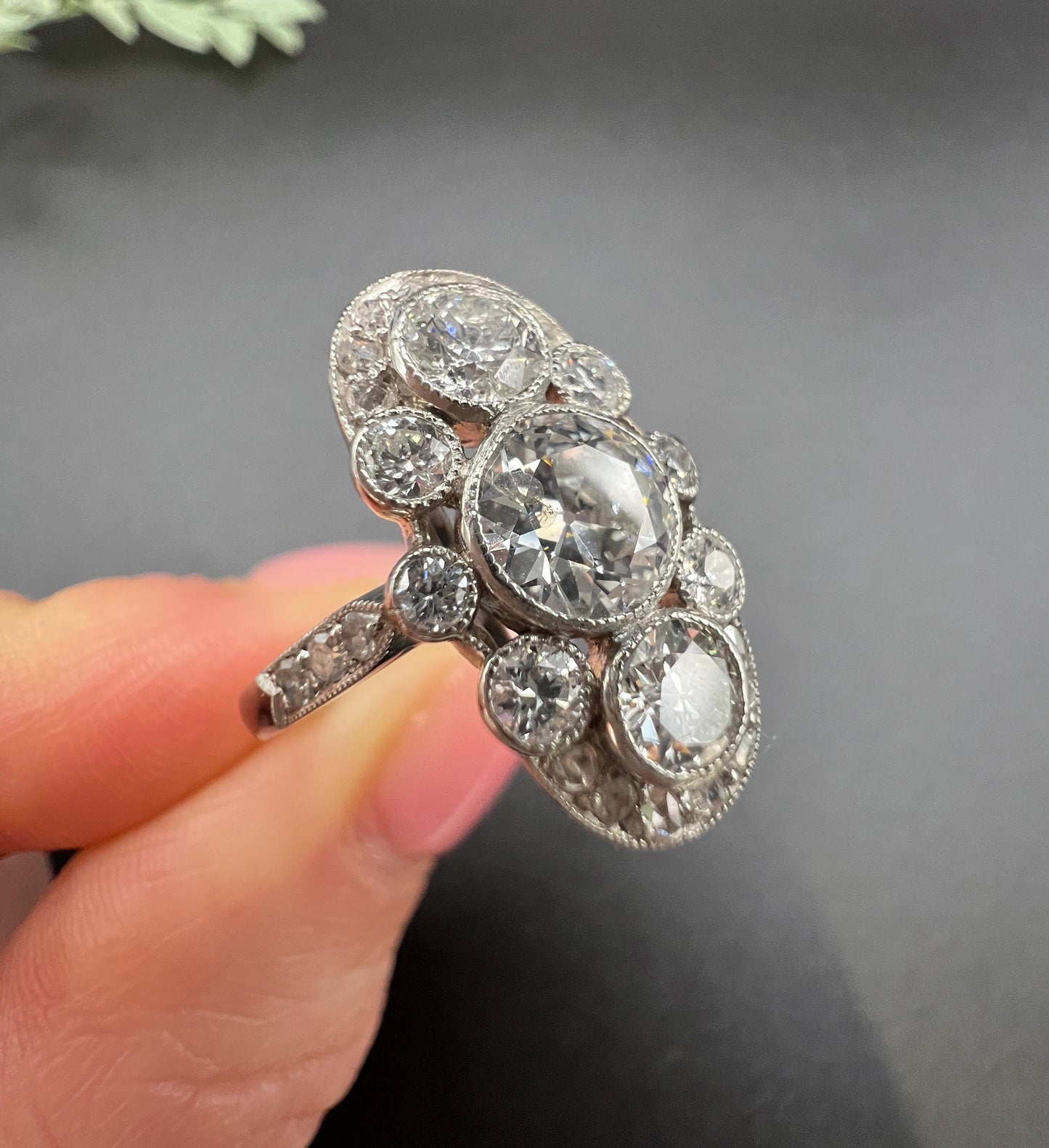 Edwardian 2cts Old Cut Diamond Trilogy Cluster Plaque Ring in Platinum