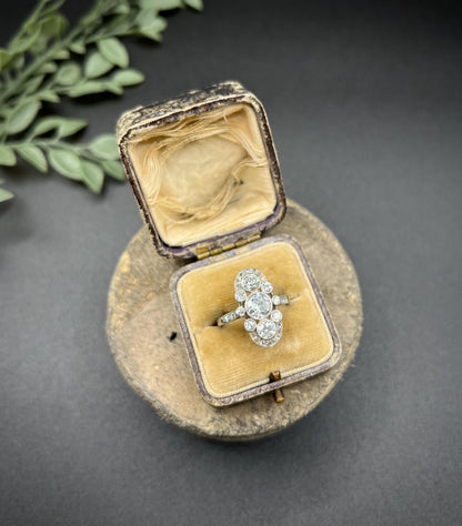 Edwardian 2cts Old Cut Diamond Trilogy Cluster Plaque Ring in Platinum