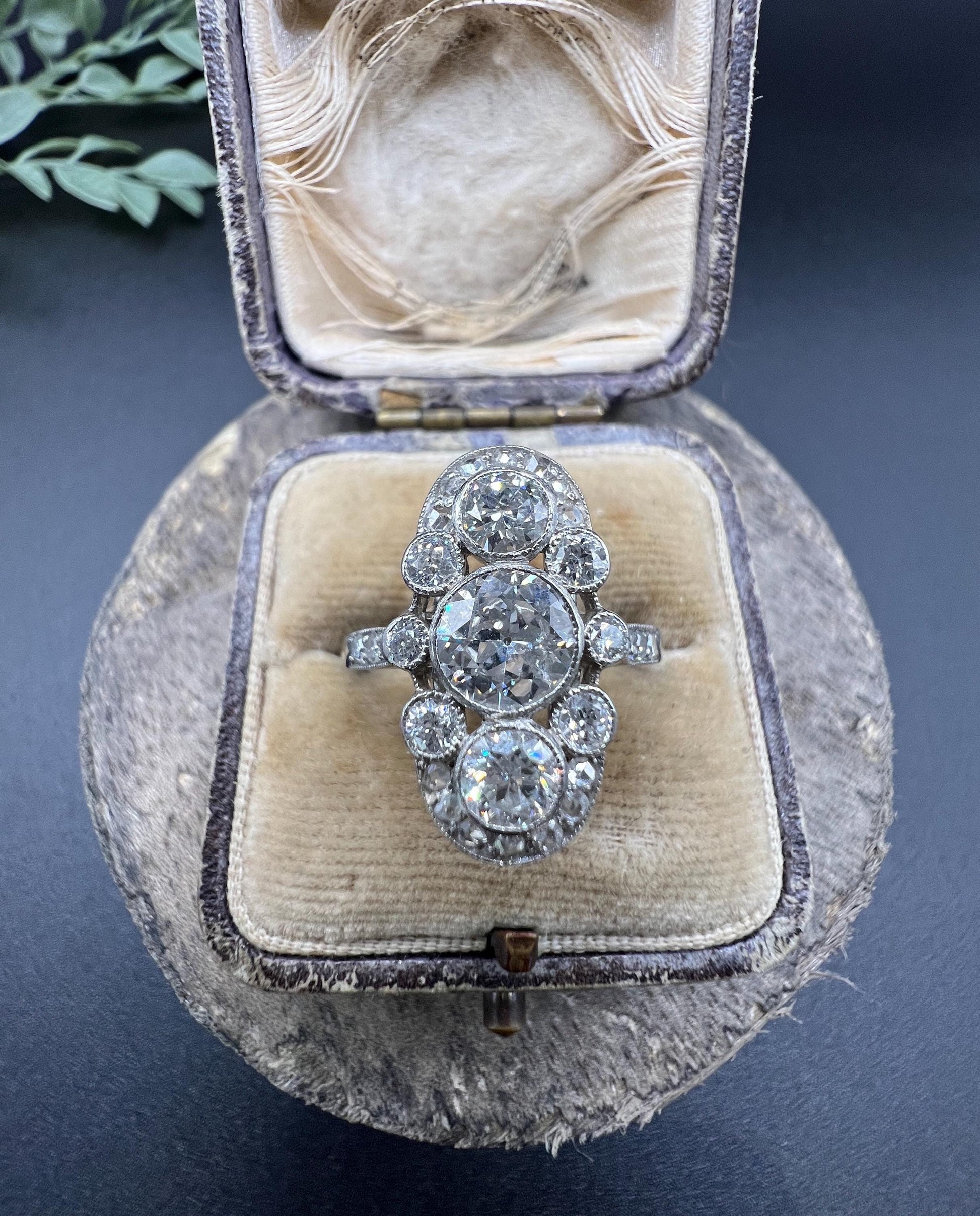 Edwardian 2cts Old Cut Diamond Trilogy Cluster Plaque Ring in Platinum
