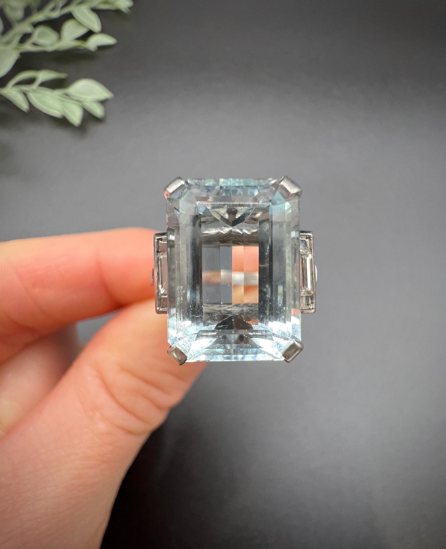 Antique 18ct White Gold, 1920s 10 Carat Aquamarine & Baguette Diamond Ring
