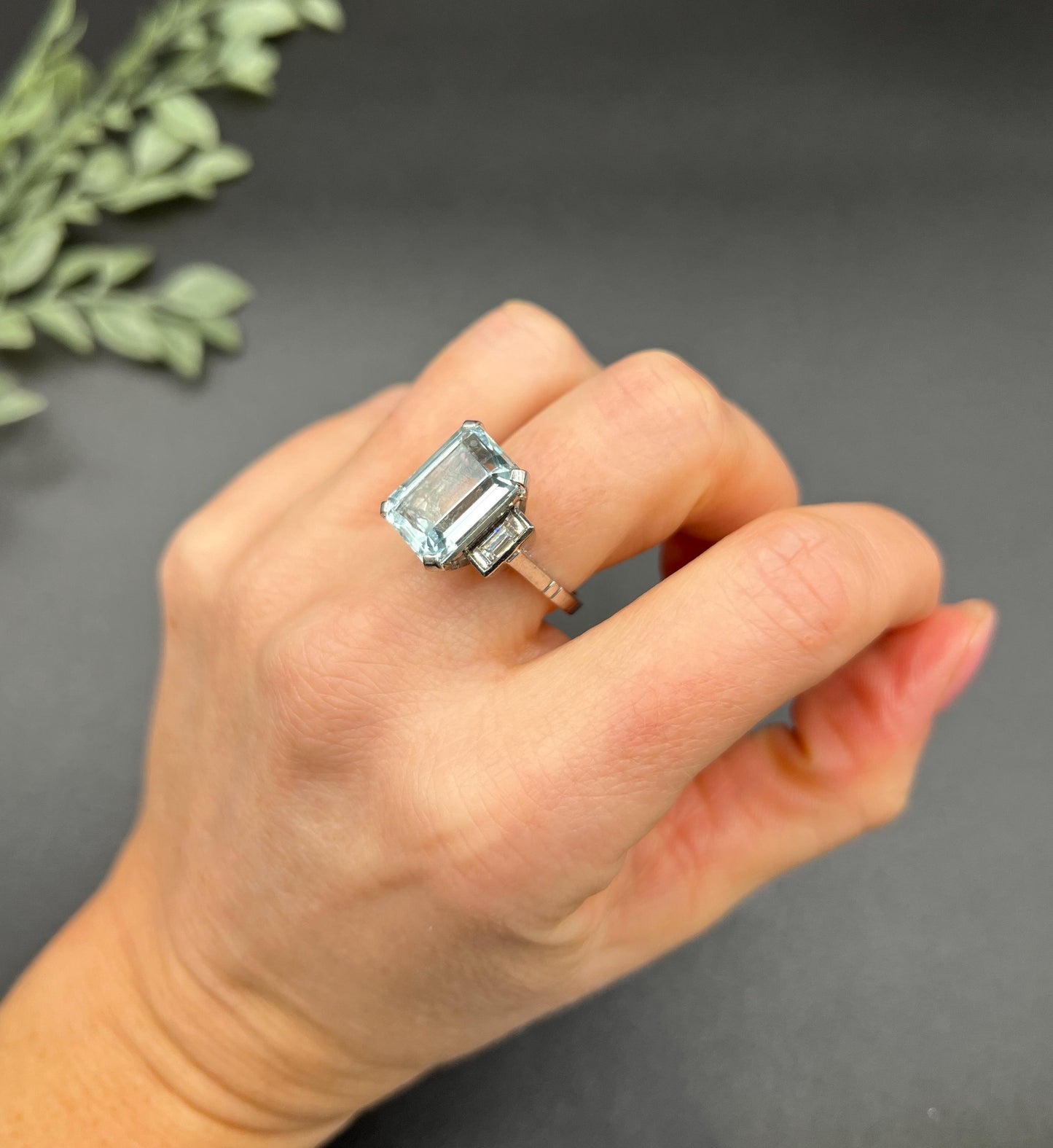 Antique 18ct White Gold, 1920s 10 Carat Aquamarine & Baguette Diamond Ring